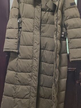 DKNY Olive Green Long Quilted Puffer Coat